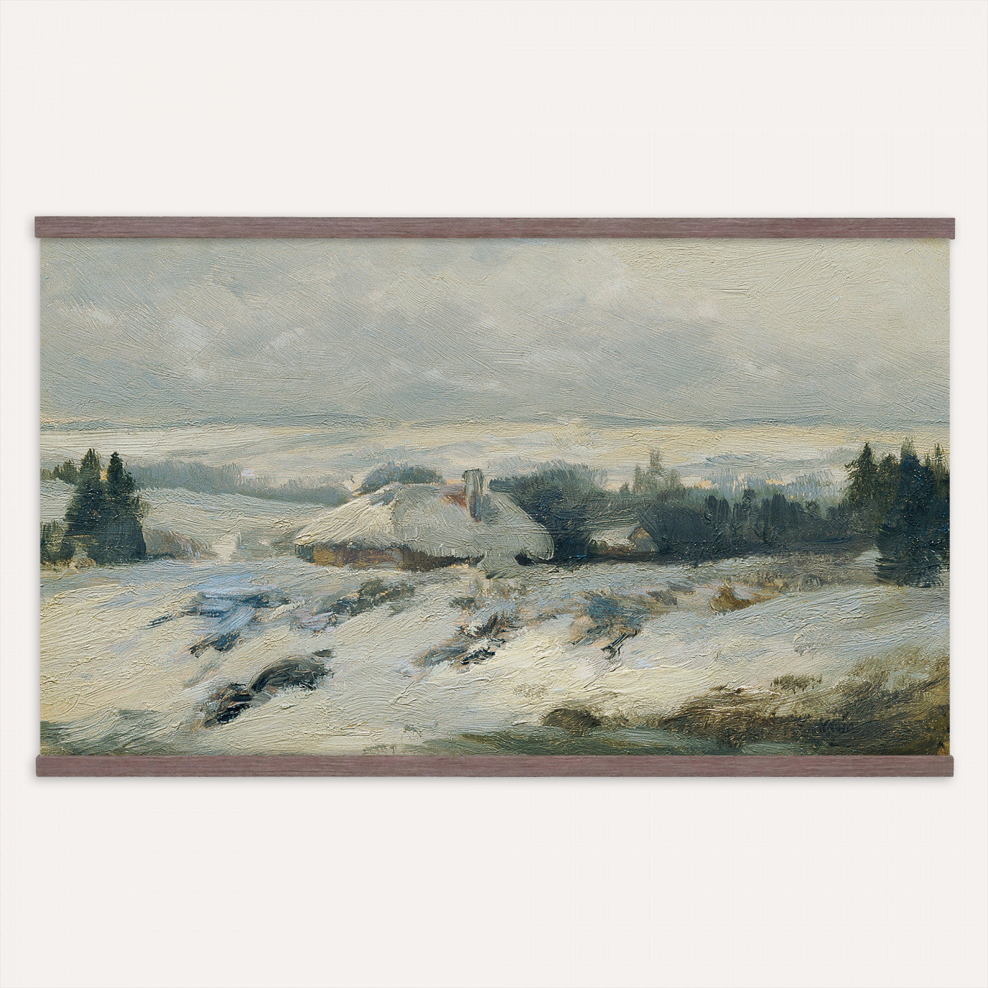 95240376-MGV-TP-30X20 - Realism oil painting tapestry wall hanging of "Bohmisch-Mahrische Hohe" by Ferdinand Engelmuller, showing a snow-covered highland village with low cottages, bare trees, and deep drifts stretching toward pale winter hills in cool white snow with warm ochre cottage walls under a pale winter sky. Extra large wall art, made in the USA.