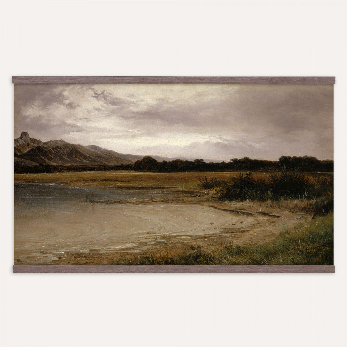 59141025-MGV-TP-30X20 - Romanticism oil study tapestry wall hanging of "A Lake Landscape" by Joseph Selleny, showing a still mountain lake under gathering storm clouds, with steep dark slopes falling straight into the water in deep slate blue water and dark mountain slopes under a heavy grey sky. Extra large wall art, made in the USA.