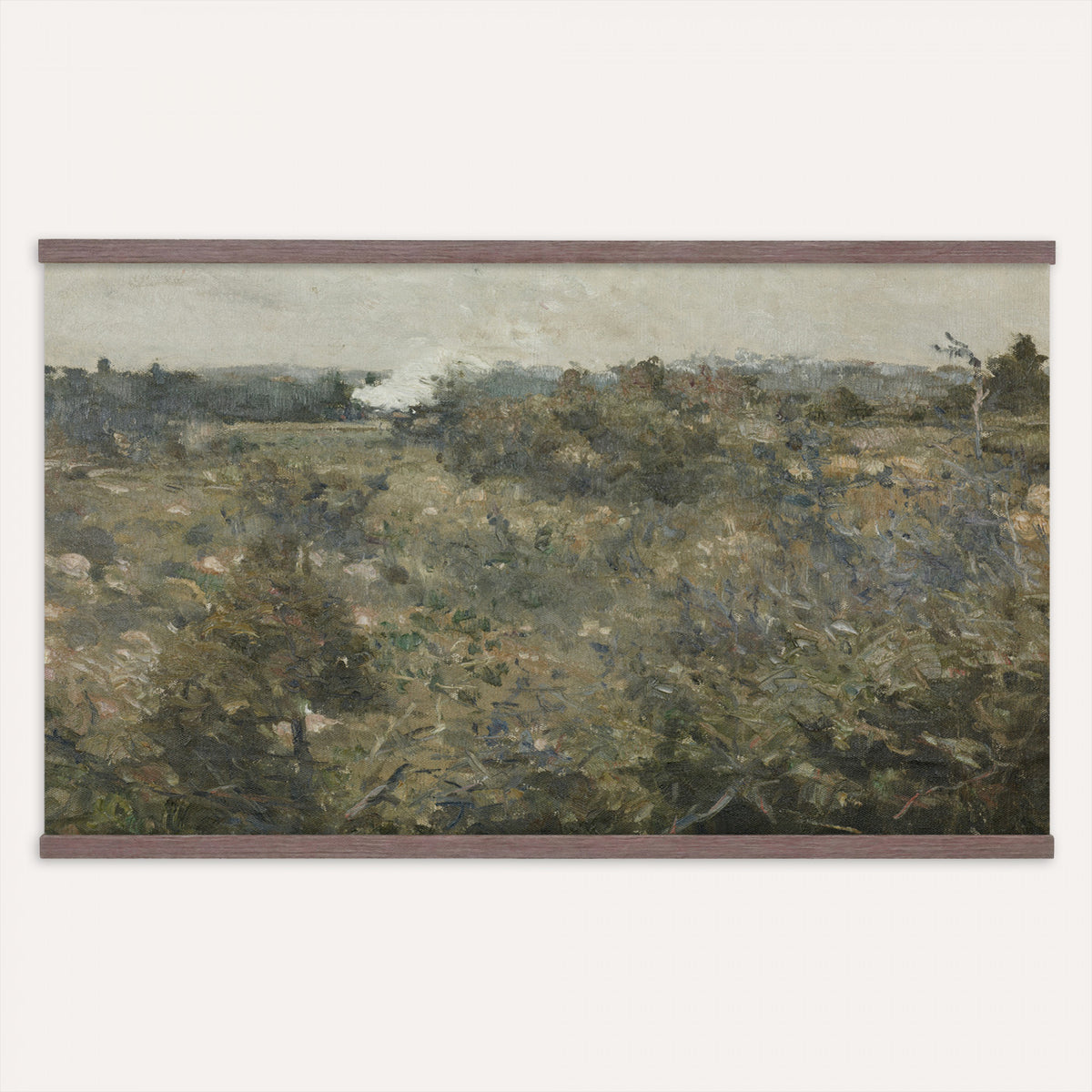 17414183-MGV-TP-30X20 - Realism oil study tapestry wall hanging of "Landscape Study at Grez-sur-Loing" by Frans Van Leemputten, showing an open field study at Grez-sur-Loing, with loose brushwork across low crops, hedgerows, and a soft French sky in soft field greens and warm earth tones under a pale washed sky. Extra large wall art, made in the USA.