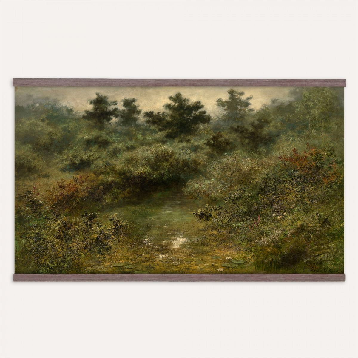 66880646-MGV-TP-30X20 - Barbizon oil painting tapestry wall hanging of "By the Brook" by Xavier De Cock, showing a shaded brook winding through dense woodland, with a small hidden figure resting among the trees in dark layered forest greens with warm brown earth and pale water light. Extra large wall art, made in the USA.