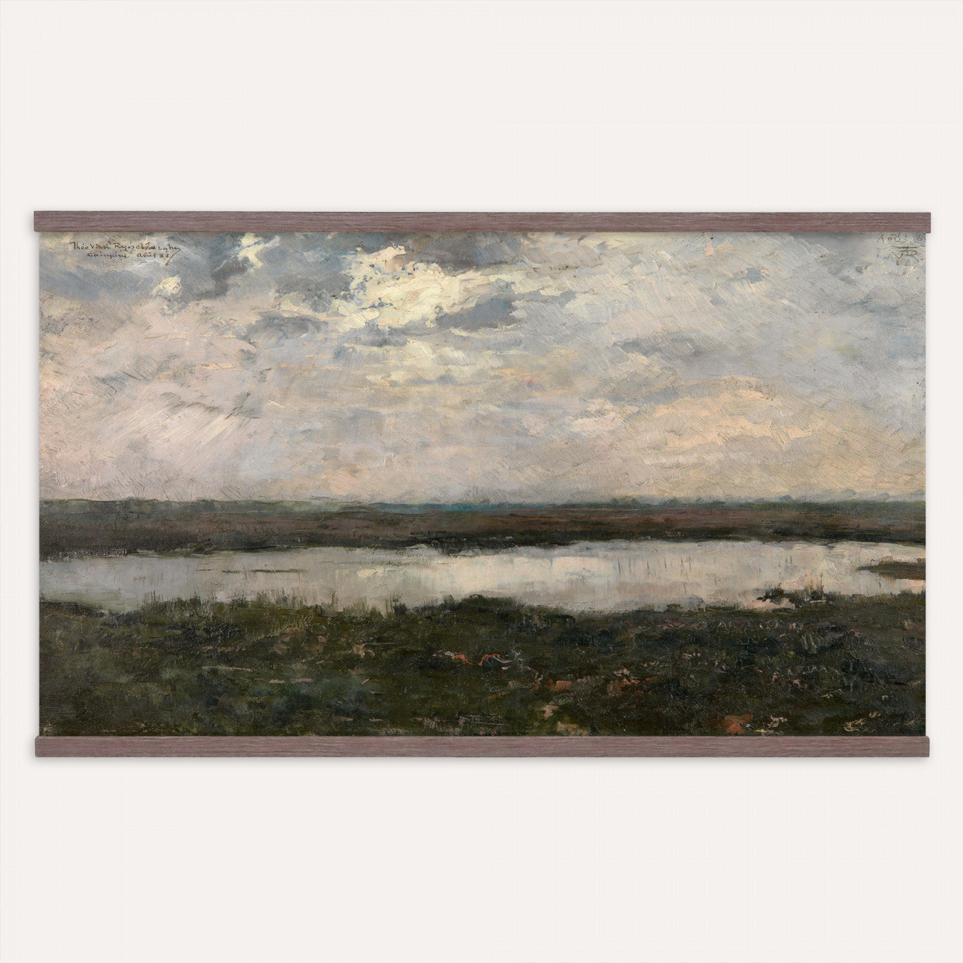 57830037-MGV-TP-30X20 - Neo Impressionism oil painting tapestry wall hanging of "Pool in the Kempen" by Theo van Rysselberghe, showing a still heath pool in the Campine, ringed by low scrub and slender birches under a soft northern sky in cool blue-green water with pale heath grasses and slim birch trunks. Extra large wall art, made in the USA.