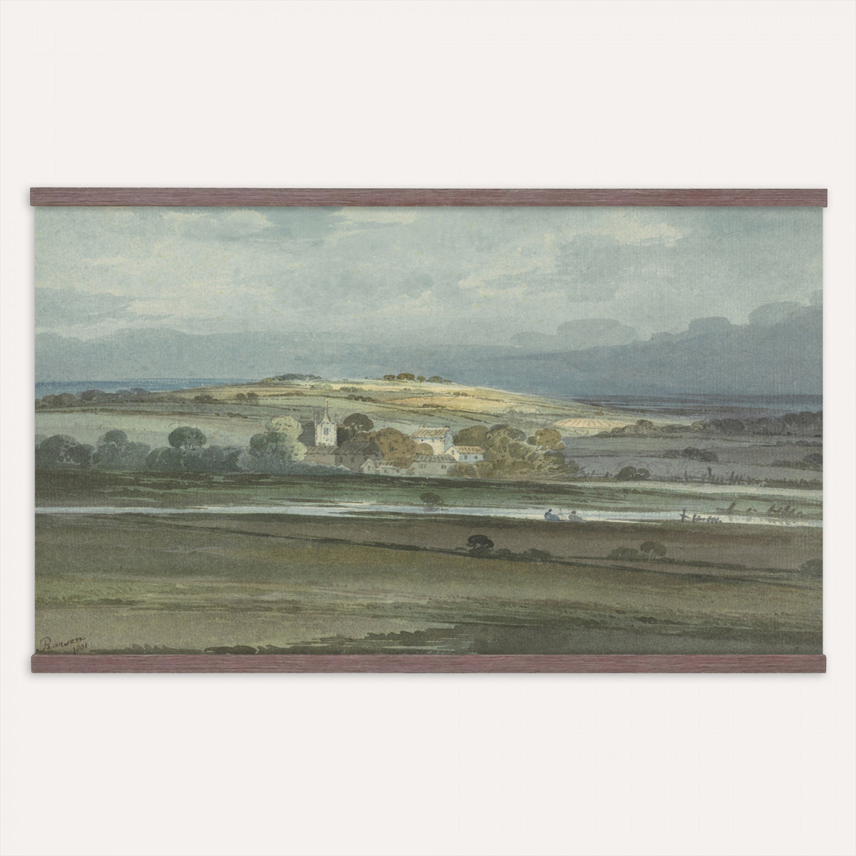 76171712-MGV-TP-30X20 - Romanticism watercolor tapestry wall hanging of "Landscape with a Church" by Thomas Girtin, showing a village church tower rising above open farmland, weathered stone walls, and a wide, luminous English sky in muted grey-blue washes with warm ochre fields and a pale open sky. Extra large wall art, made in the USA.