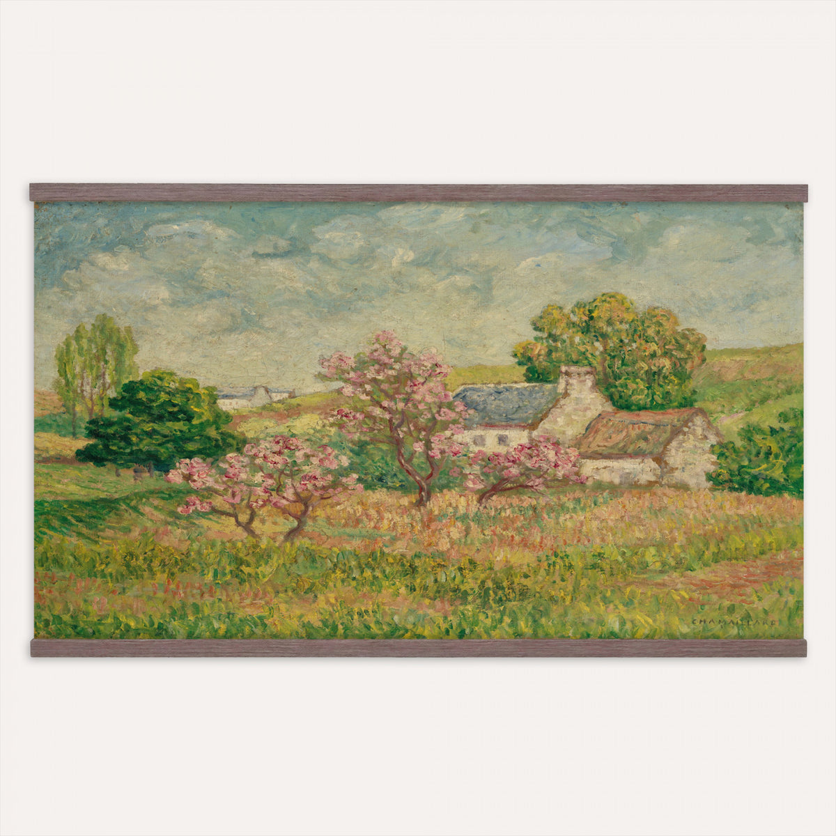 67494912-MGV-TP-30X20 - Post Impressionism oil painting tapestry wall hanging of "Spring" by Ernest de Chamaillard, showing a stone Breton cottage behind a blossoming tree in full pink bloom, with a bright spring garden around it in soft pink blossoms against grey stone walls and new spring green. Extra large wall art, made in the USA.