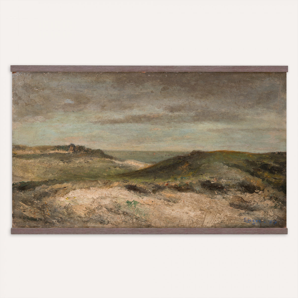 68383237-MGV-TP-30X20 - Expressionism oil painting tapestry wall hanging of "Dunes" by James Ensor, showing a steep dune ridge cutting across the canvas, with wind-bent grasses and a heavy sky pressing down behind it in muted sand and olive dune tones under a dark weighted sky. Extra large wall art, made in the USA.