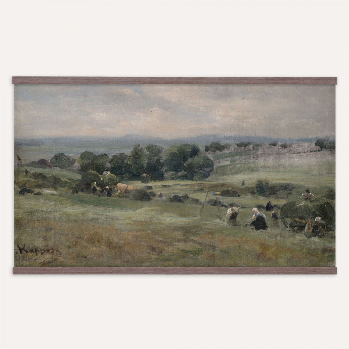 98563887-MGV-TP-30X20 - Realism oil painting tapestry wall hanging of "Heuernte" by Albert Kappis, showing farmworkers gathering hay in a wide summer field, with loaded carts, tall stacks, and a warm open sky in warm golden hay tones with green field edges under a bright summer sky. Extra large wall art, made in the USA.