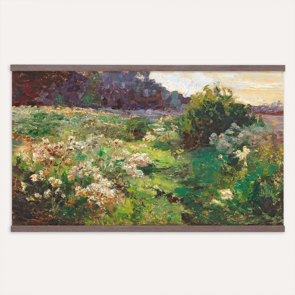 44961601-MGV-TP-30X20 - Impressionism oil painting tapestry wall hanging of "Flowering Meadow" by Olga Wisinger-Florian, showing a bright meadow of white wildflowers and green bushes rising toward a shaded purple hillside in white wildflowers and green bushes under a purple forest hillside. Extra large wall art, made in the USA.