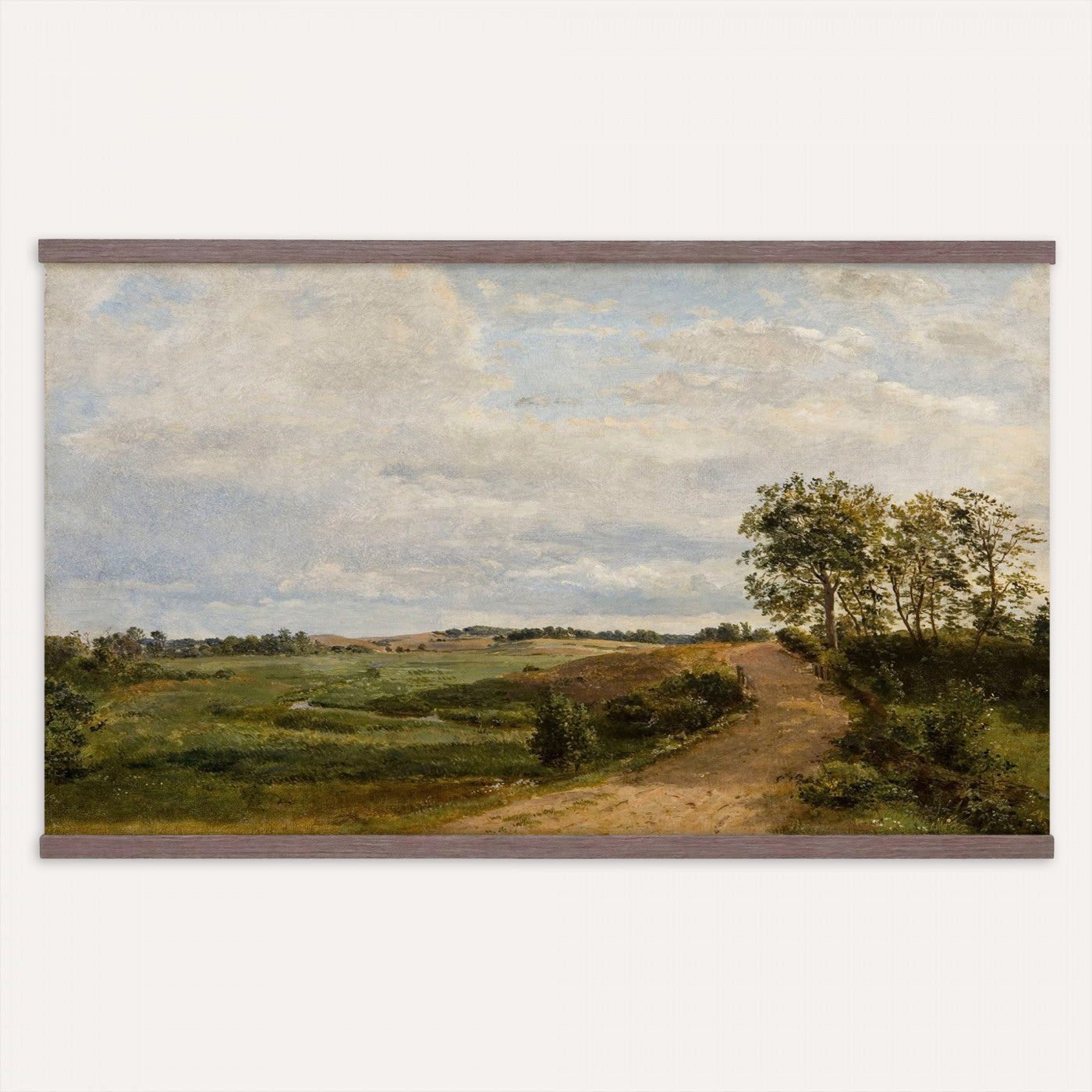 53363268-MGV-TP-30X20 - Realism oil study tapestry wall hanging of "Road across the Hills, Study" by Dankvart Dreyer, showing a bare country road climbing across open hills, with low scrub, worn ruts, and a wide Danish sky above in warm sandy road tones and dry hill greens under a pale wide sky. Extra large wall art, made in the USA.