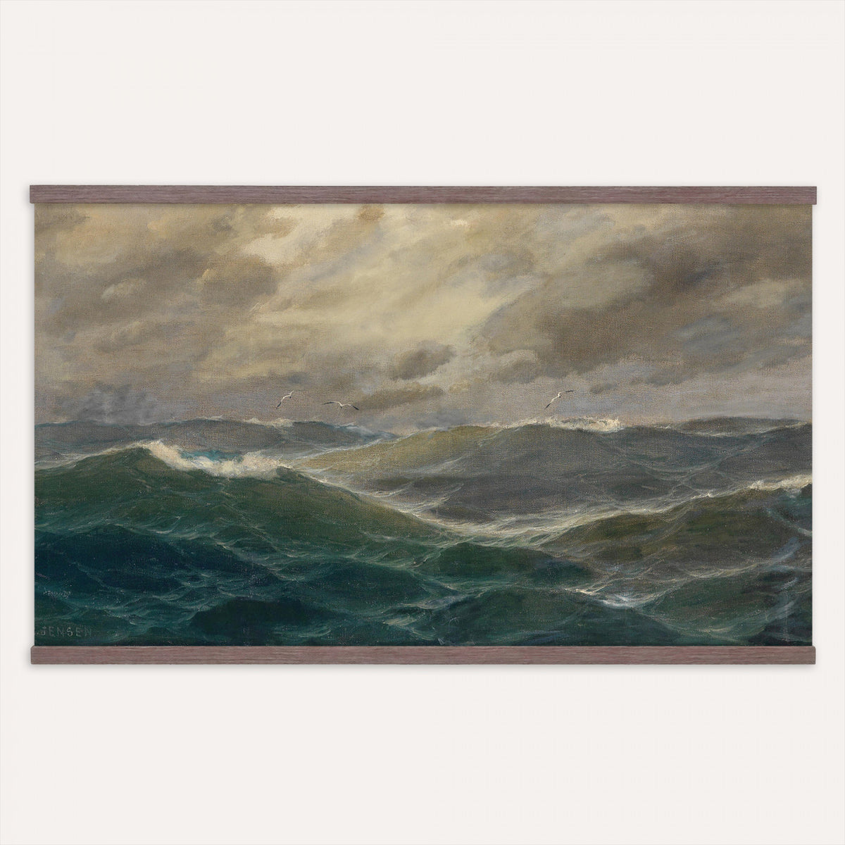 93539190-MGV-TP-30X20 - Realism oil painting tapestry wall hanging of "Stormy Sea" by Alfred Jensen, showing heavy breaking waves rolling under a dark storm sky, with white foam catching the last light on the water in deep grey-green waves with white foam under a heavy storm sky. Extra large wall art, made in the USA.
