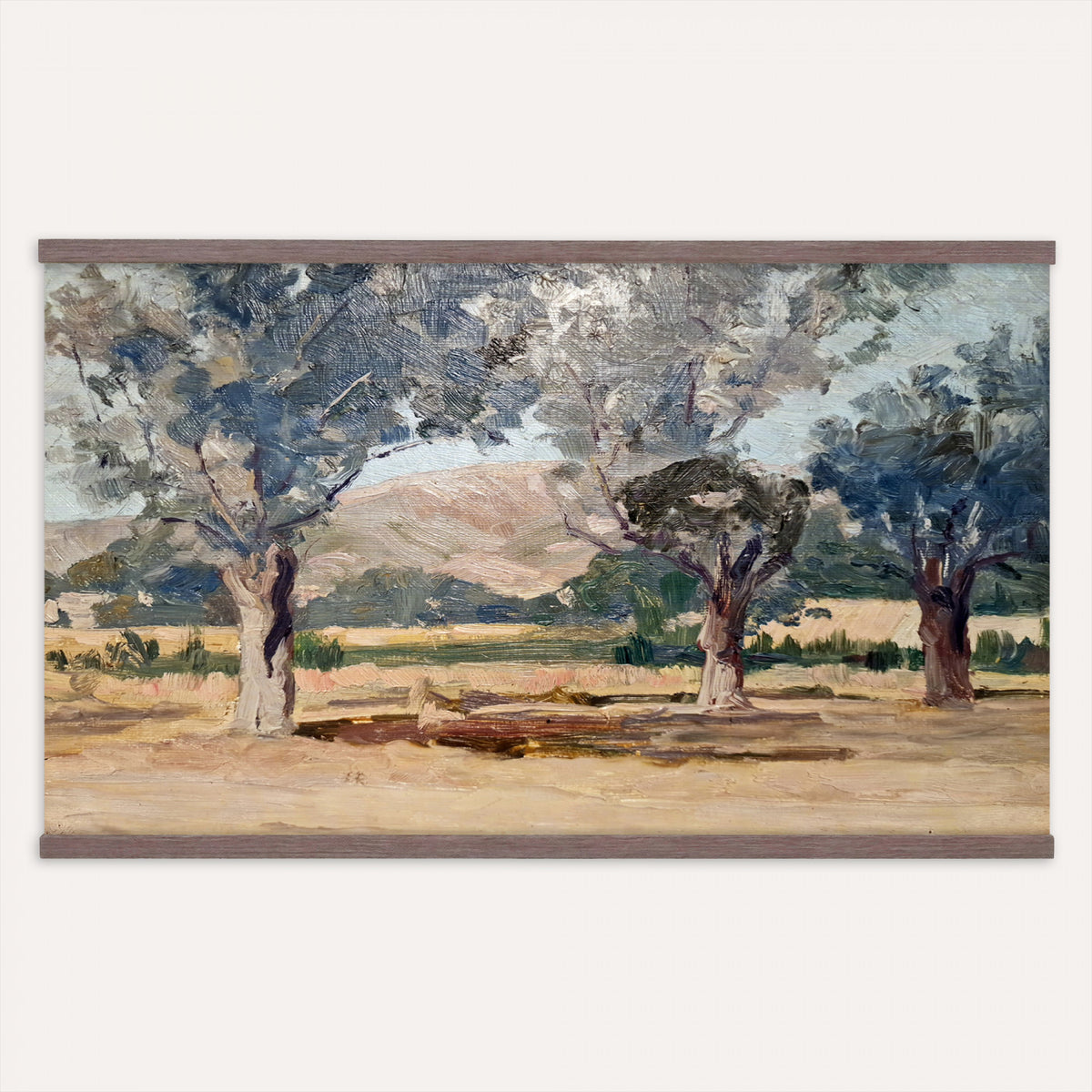 38071069-MGV-TP-30X20 - Impressionism oil painting tapestry wall hanging of "Landscape" by Jane Sutherland, showing a sunlit open field, dry golden grasses, and slender eucalyptus trees leaning under a bright southern sky in warm golden field tones with soft sage-green eucalyptus foliage. Extra large wall art, made in the USA.