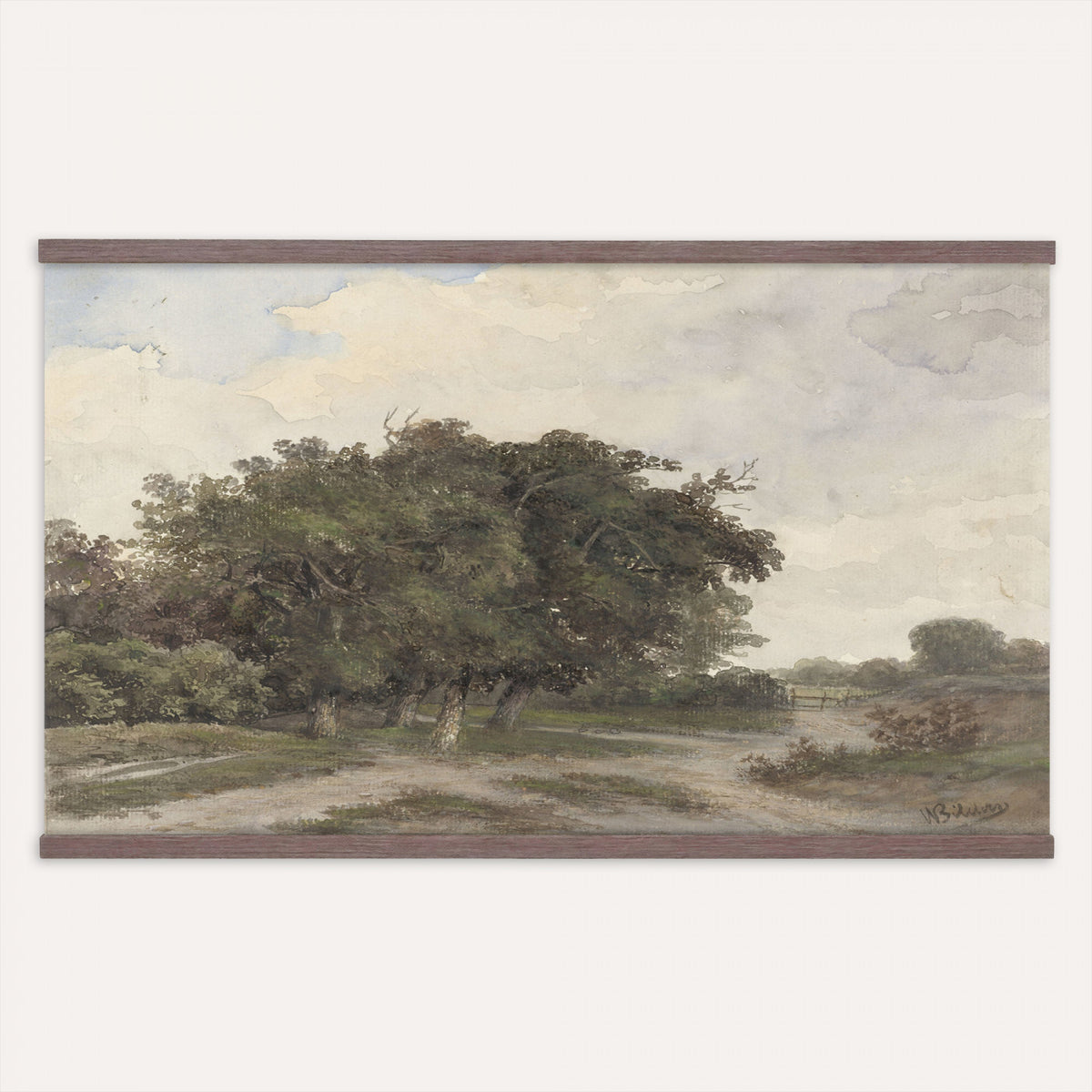 73613327-MGV-TP-30X20 - Realism oil painting tapestry wall hanging of "Landscape with Trees" by Johannes Warnardus Bilders, showing tall old trees along a quiet woodland path, with dappled light falling through the canopy onto open ground in warm brown trunks and layered green foliage under a soft grey sky. Extra large wall art, made in the USA.