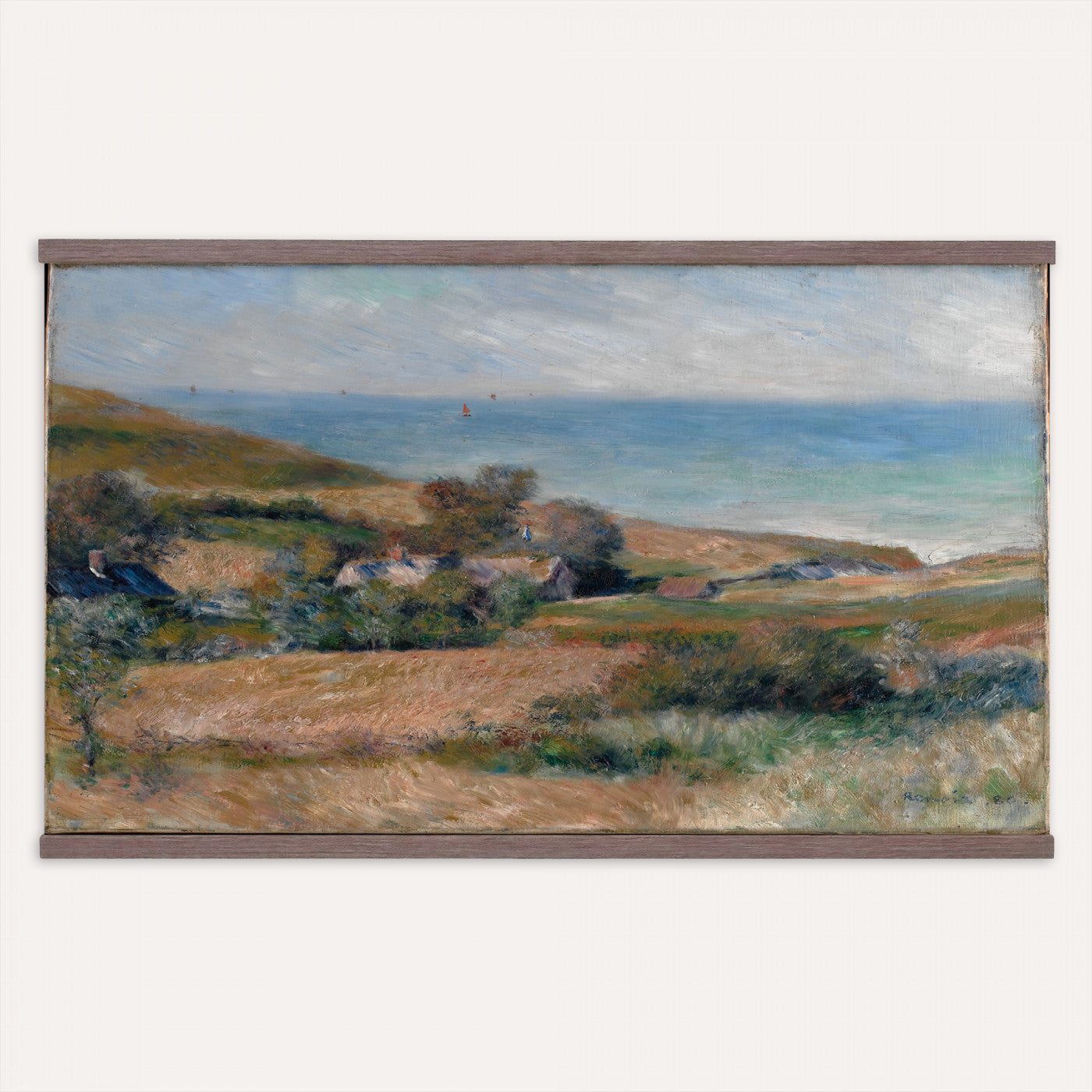 65714584-MGV-TP-30X20 - Impressionism oil painting tapestry wall hanging of "View of the Seacoast near Wargemont in Normandy" by Pierre-Auguste Renoir, showing green Normandy cliffs rolling down to a bright sea, with scattered shrubs and a light-filled summer sky in fresh greens and soft blues with warm sunlit highlights. Extra large wall art, made in the USA.