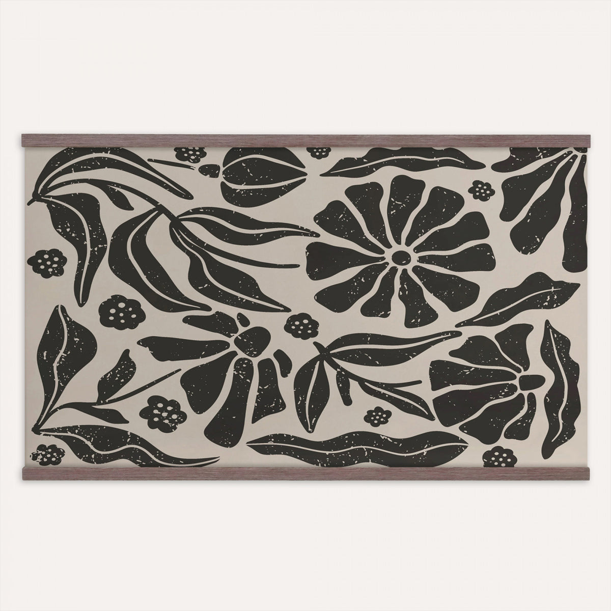 21342917-MGV-TP-30X20 - Mid Century Modern linocut print tapestry wall hanging of "Abstract Floral Linocut", showing simplified flower heads and stems cut into bold black shapes against clean white space in bold black shapes on a bright white ground. Extra large wall art, made in the USA.