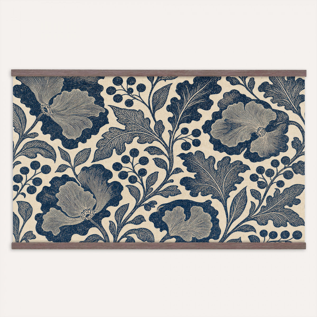 97130377-MGV-TP-30X20 - Art Nouveau pattern design tapestry wall hanging of "Indigo Botanical Pattern" by William Morris, showing trailing indigo stems, open blossoms and curling leaves repeating across the full width in deep indigo and cobalt blue with soft cream linework. Extra large wall art, made in the USA.