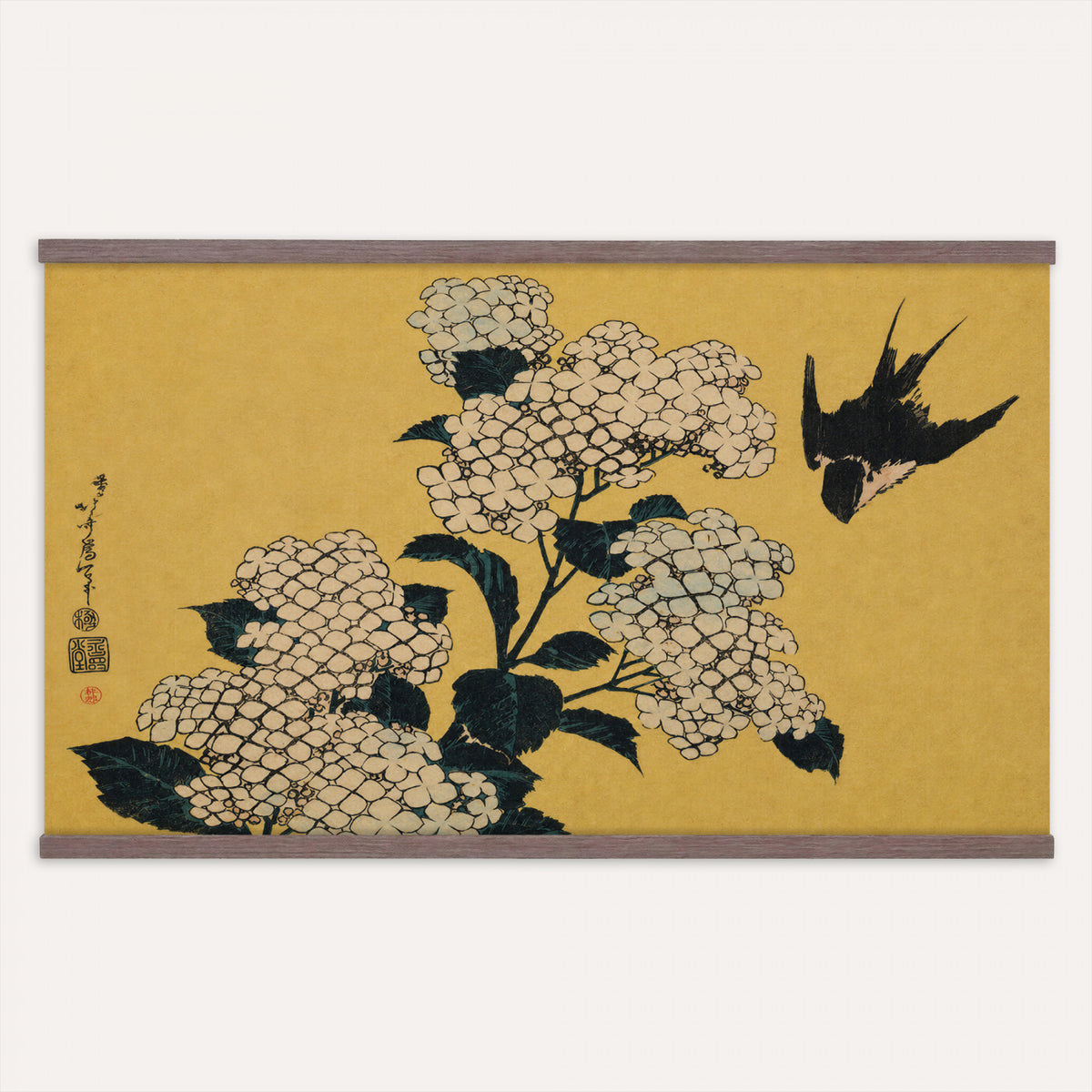 24787197-MGV-TP-30X20 - Ukiyo-e woodblock print tapestry wall hanging of "Hydrangea and Swallow" by Katsushika Hokusai, showing a swallow in flight above a full hydrangea head, drawn with the precise line of Japanese woodblock in soft blue hydrangea blooms with warm gold ground. Extra large wall art, made in the USA.