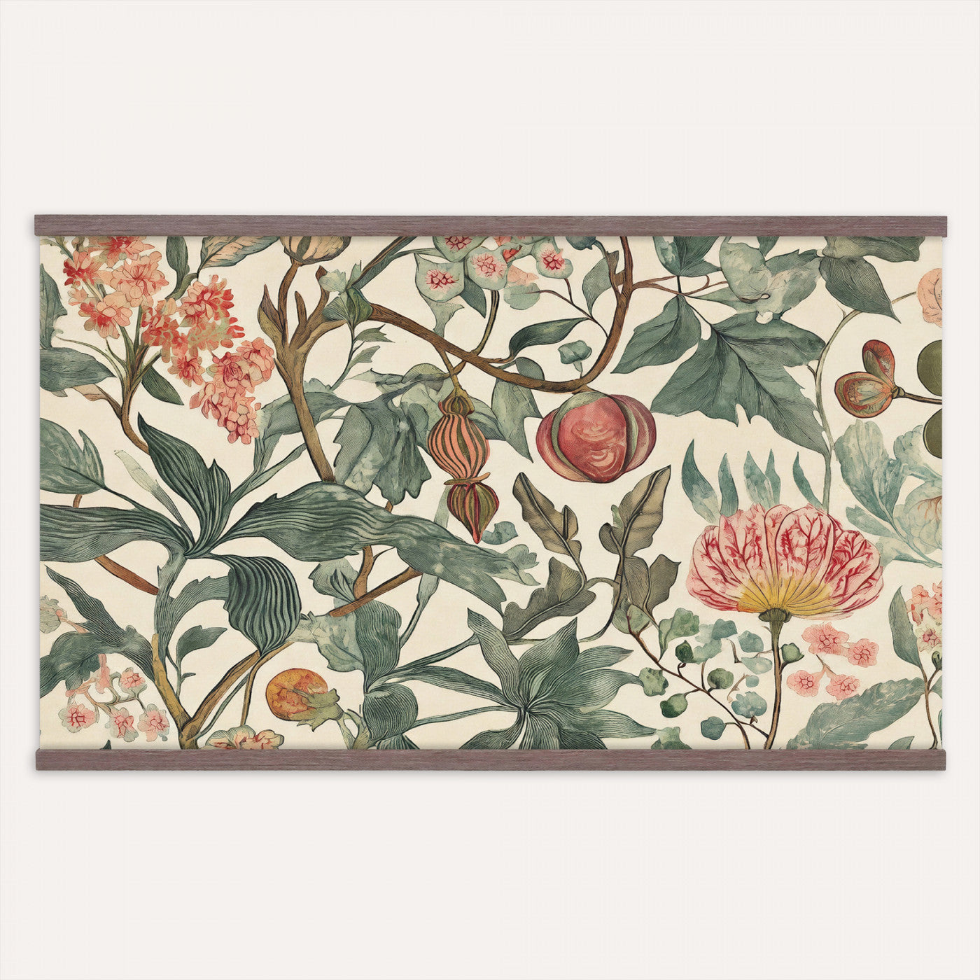 67322868-MGV-TP-30X20 - Art Nouveau pattern design tapestry wall hanging of "Pomegranate Botanical Pattern" by William Morris, showing a repeating weave of pomegranates, open blossoms and curling acanthus leaves in perfect balance in warm ruby fruit and deep green foliage on a cream ground. Extra large wall art, made in the USA.