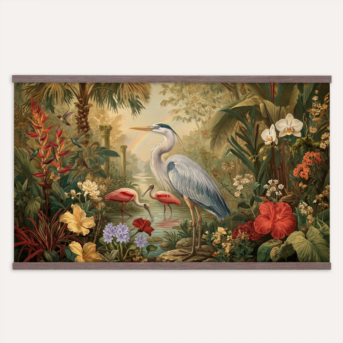 20081183-MGV-TP-30X20 - Botanical botanical illustration tapestry wall hanging of "Great Blue Heron in the Jungle", showing a great blue heron standing among hibiscus blooms, palm fronds and dense tropical foliage in deep jungle greens with red hibiscus and soft blue heron plumage. Extra large wall art, made in the USA.