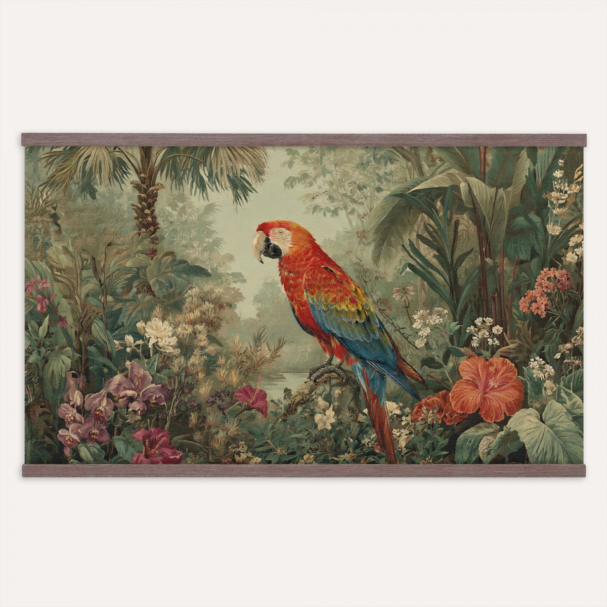 75232040-MGV-TP-30X20 - Botanical botanical illustration tapestry wall hanging of "Scarlet Macaw in the Jungle", showing a scarlet macaw perched among hibiscus flowers, palm leaves and thick rainforest growth in bright scarlet and gold plumage against deep jungle green. Extra large wall art, made in the USA.
