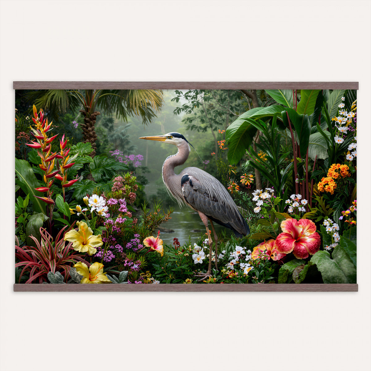 82504330-MGV-TP-30X20 - Botanical botanical illustration tapestry wall hanging of "Great Blue Heron in the Jungle", showing a great blue heron standing among hibiscus blooms, palm fronds and dense tropical foliage in deep jungle greens with red hibiscus and soft blue heron plumage. Extra large wall art, made in the USA.