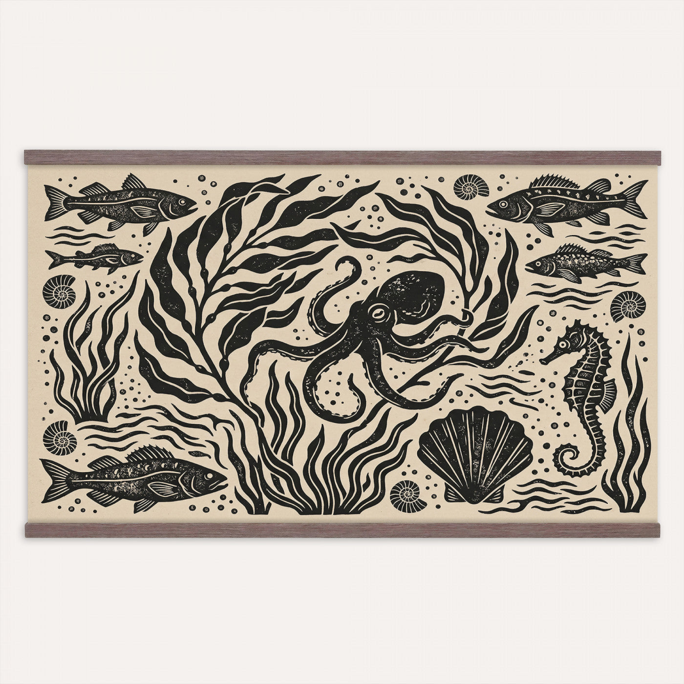 75988079-MGV-TP-30X20 - Folk Art linocut print tapestry wall hanging of "Ocean Life Panel", showing an octopus, seahorses, shells and curling waves cut into bold black and white folk art shapes in bold black linocut shapes on a cream ground. Extra large wall art, made in the USA.