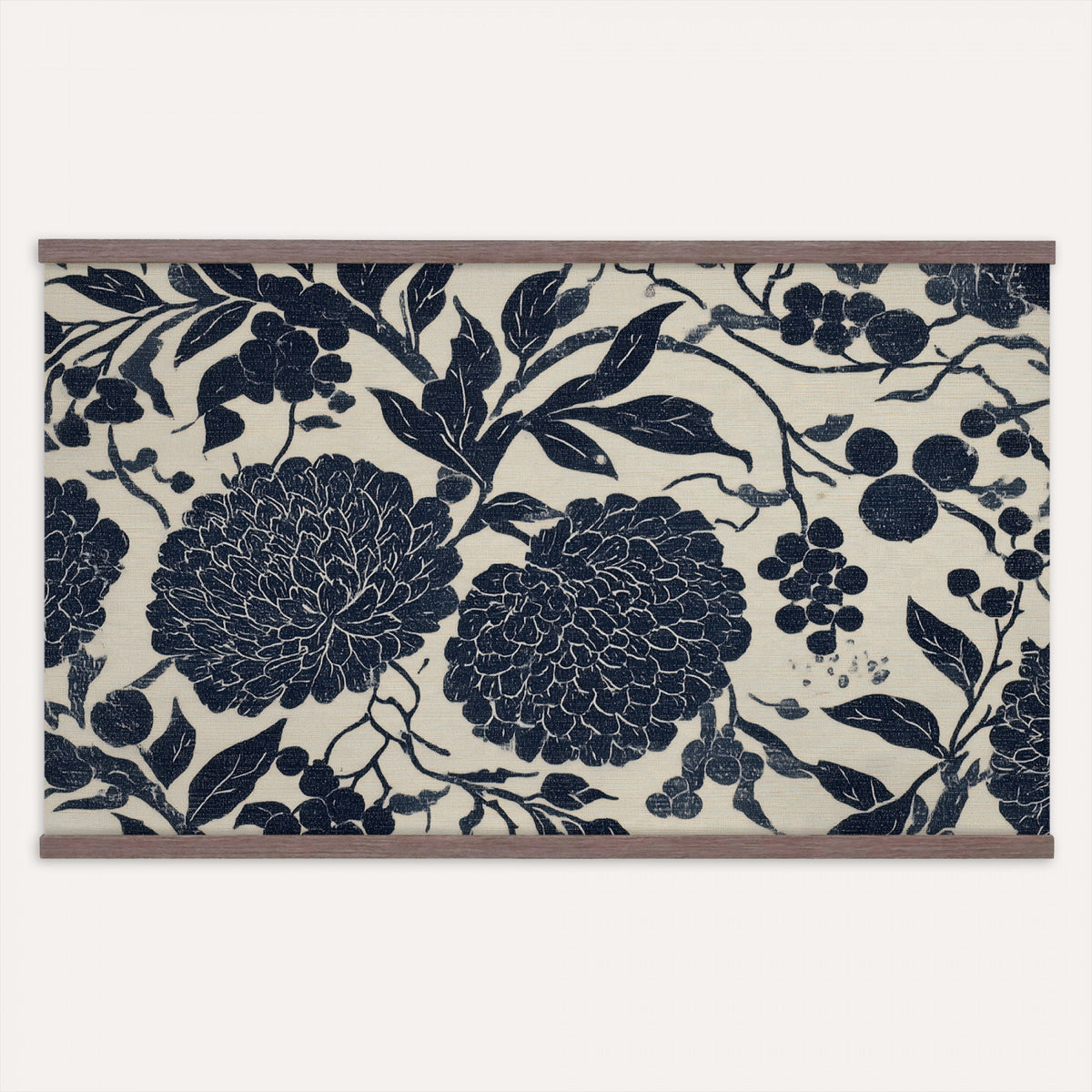 42507419-MGV-TP-30X20 - Chinoiserie ink block print tapestry wall hanging of "Chinoiserie Peony and Chrysanthemum Panel", showing peonies and chrysanthemums layered across a soft grey field, drawn in muted black line in black and soft grey linework on a warm neutral ground. Extra large wall art, made in the USA.