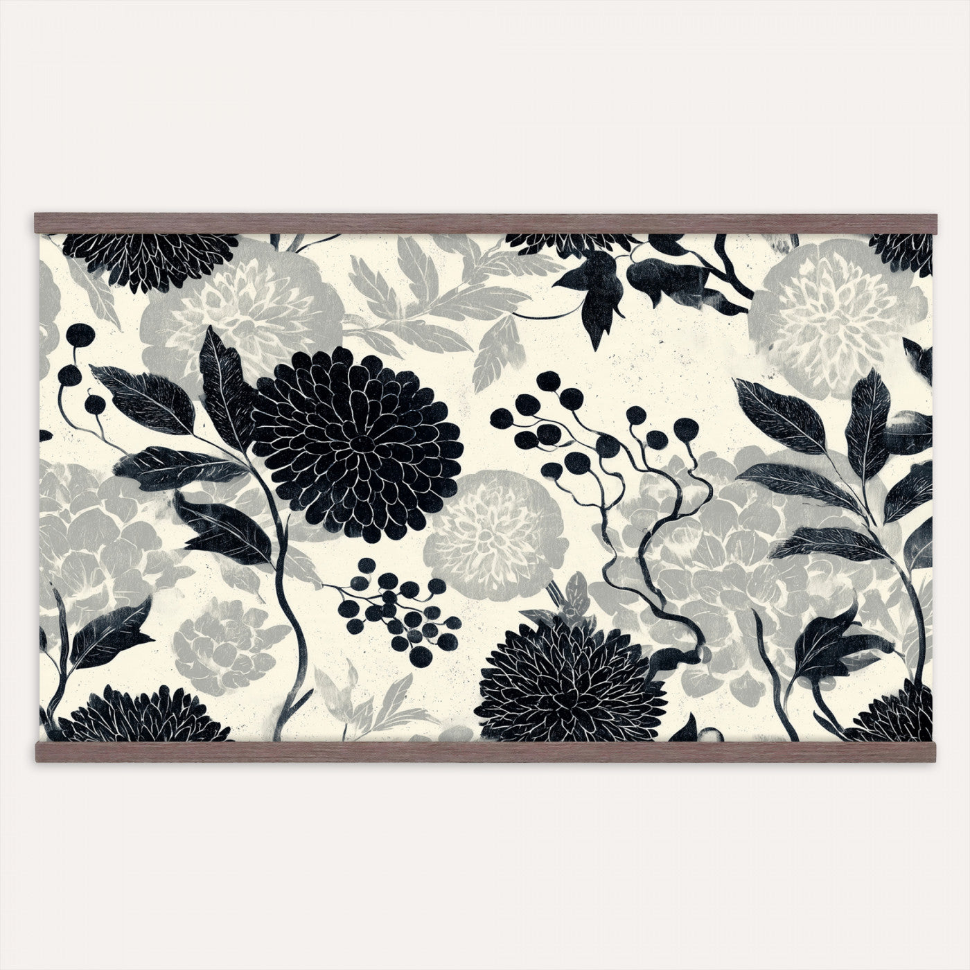 27269625-MGV-TP-30X20 - Chinoiserie ink block print tapestry wall hanging of "Chinoiserie Peony and Chrysanthemum Panel", showing peonies and chrysanthemums layered across a soft grey field, drawn in muted black line in black and soft grey linework on a warm neutral ground. Extra large wall art, made in the USA.