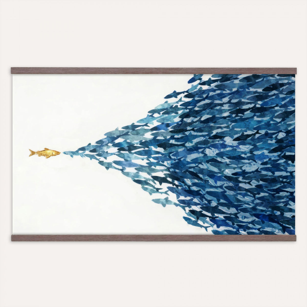79089639TT-MGV-TP-30X20 - Abstract Blue Fish School Canvas Wall Art, Gold Foil Accent Marine Print