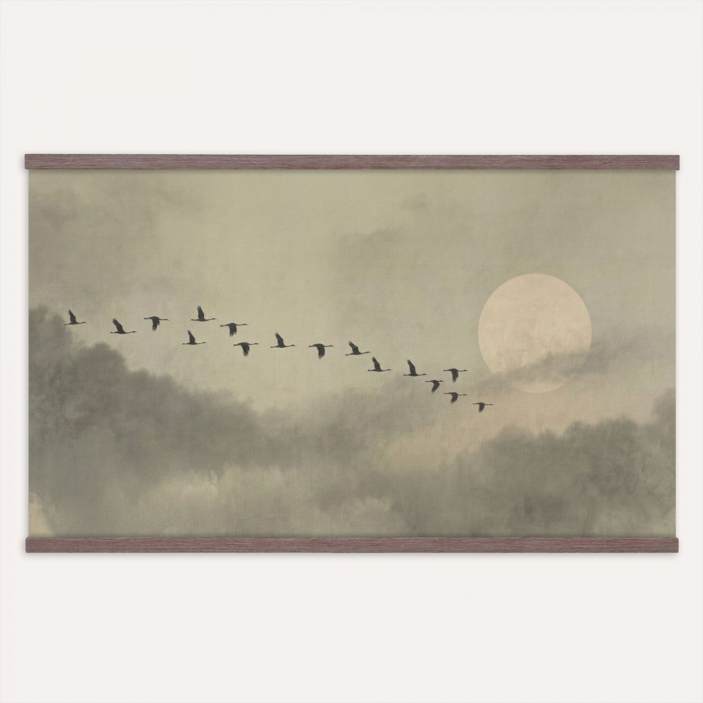 1209814BT-MGV-TP-30X20 - Flying Cranes Tapestry Wall Art, Misty Landscape with Moon, Sage Green Japandi Decor, Framed Print