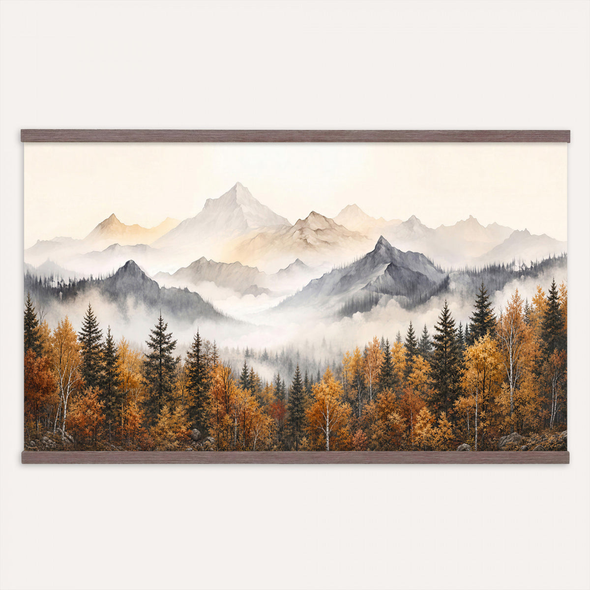 19544118-MGV-TP-30X20 - Misty Mountain Autumn Forest Canvas Wall Art - Watercolor Fall Nature Landscape Print