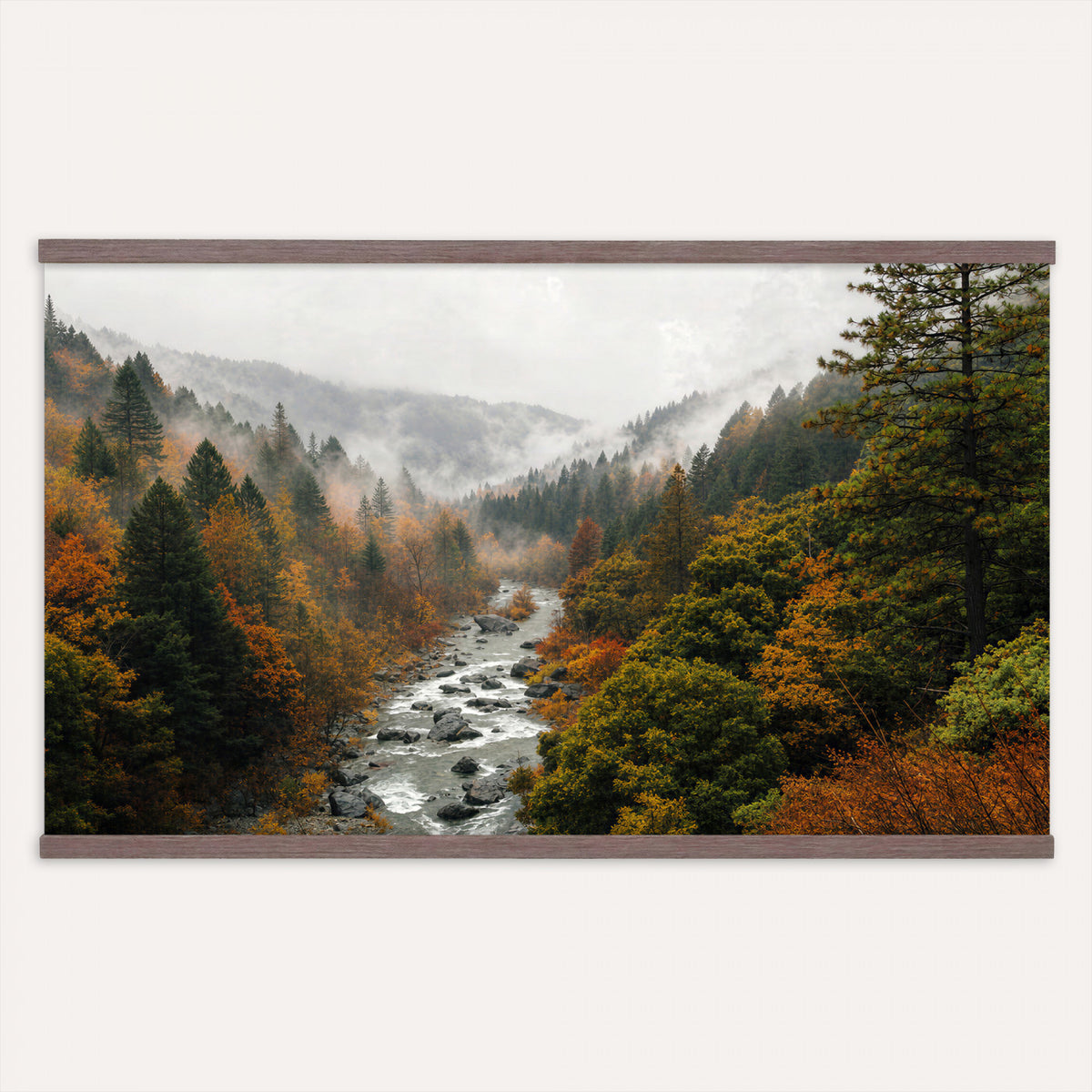 95540697-MGV-TP-30X20 - Misty River Mountain Valley Canvas Wall Art - Autumn Forest Landscape Nature Print