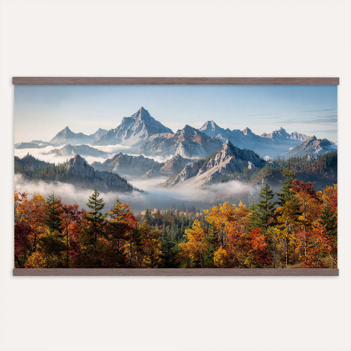38847944-MGV-TP-30X20 - Majestic Mountain Peak Canvas Wall Art - Panoramic Autumn Forest Fog Landscape Print