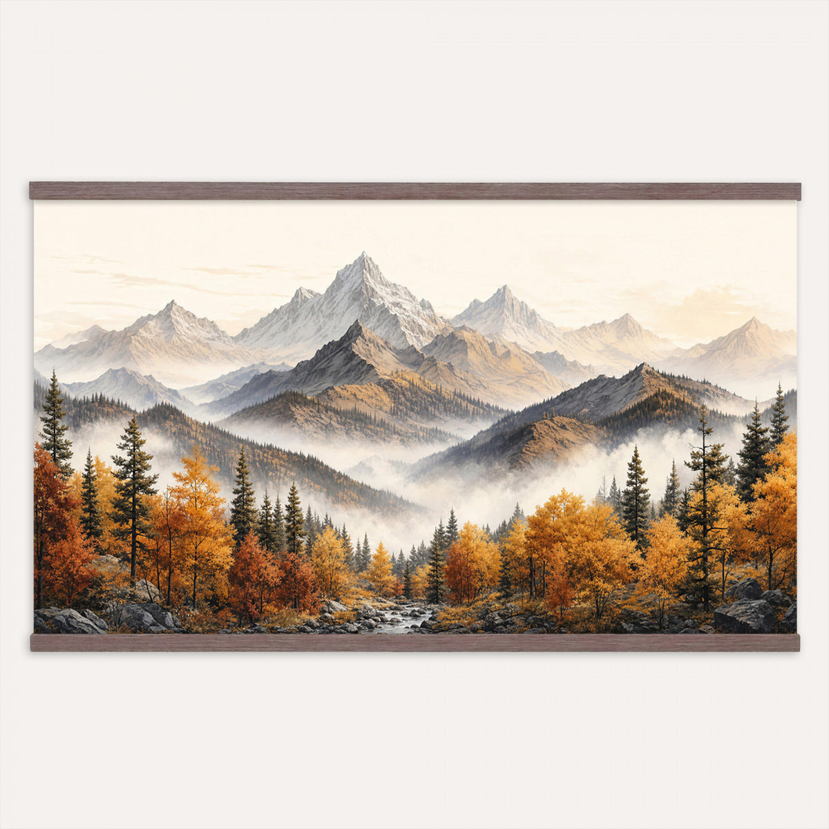 21309099-MGV-TP-30X20 - Extra Large Misty Mountain Autumn Forest Canvas Wall Art - Watercolor Fall Nature Landscape Print