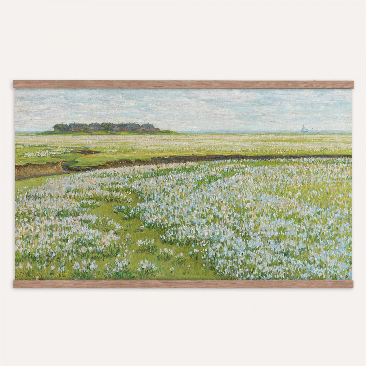 19128603-MGV-TP-30X20 - Impressionism oil painting tapestry wall hanging of "A Vast Summer Landscape" by Jacob Alberts, showing a broad summer plain of flowering grass stretching to a distant coastal horizon under a huge open sky in fresh summer greens and soft blues under a wide pale sky. Extra large wall art, made in the USA.