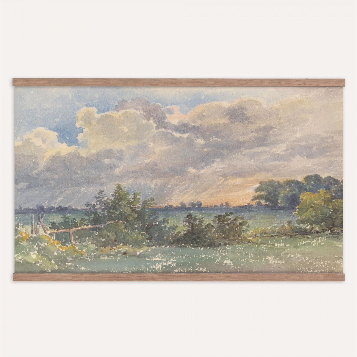 30588477-MGV-TP-30X20 - Realism oil painting tapestry wall hanging of "Landscape with Storm Clouds" by Jean-Baptiste Calame, showing heavy storm clouds gathering over a low country field, with a dark tree line holding the horizon in dark grey storm clouds over muted green fields. Extra large wall art, made in the USA.