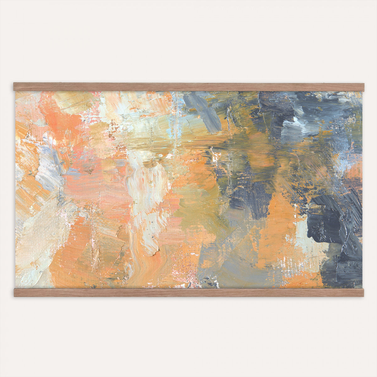 92754702-MGV-TP-30X20 - Cubism abstract oil painting tapestry wall hanging of "Abstract Landscape" by Nicolas de Stael, showing thick blocks of peach, grey, and cream laid side by side into a landscape that reads as pure shape and color in soft peach, warm grey, and cream color blocks. Extra large wall art, made in the USA.