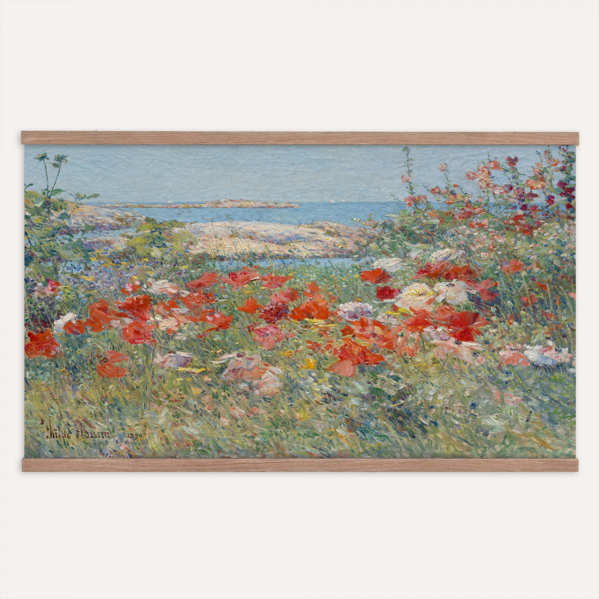 16720314-MGV-TP-30X20 - Impressionism oil painting tapestry wall hanging of "Celia Thaxter's Garden, Isles of Shoals" by Childe Hassam, showing a cliffside garden bursting with red poppies above a bright blue sea and rocky island shore in vivid red poppies against deep blue sea and green garden foliage. Extra large wall art, made in the USA.