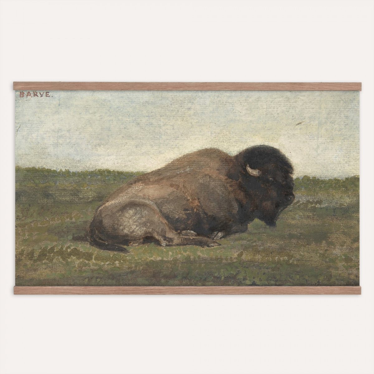 59987270-MGV-TP-30X20 - Realism oil painting tapestry wall hanging of "Bison Lying Down" by Antoine-Louis Barye, showing a heavy bison at rest on open prairie ground, painted with weight and quiet animal presence in deep brown bison coat against muted prairie grass and a low sky. Extra large wall art, made in the USA.