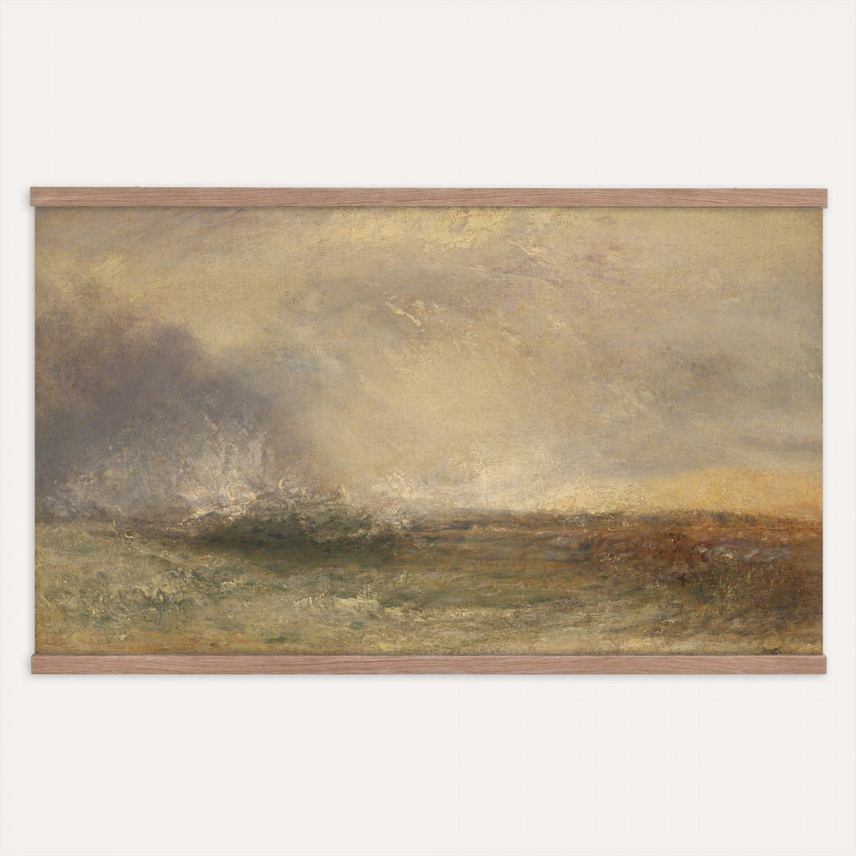 60751788-MGV-TP-30X20 - Tonalism oil painting tapestry wall hanging of "Snow Field" by Charles Henry Eaton, showing an untouched snow field at first light, with a dark tree line at the edge and long blue shadows across the drifts in bright white snow with cool blue shadows and a dark winter tree line. Extra large wall art, made in the USA.