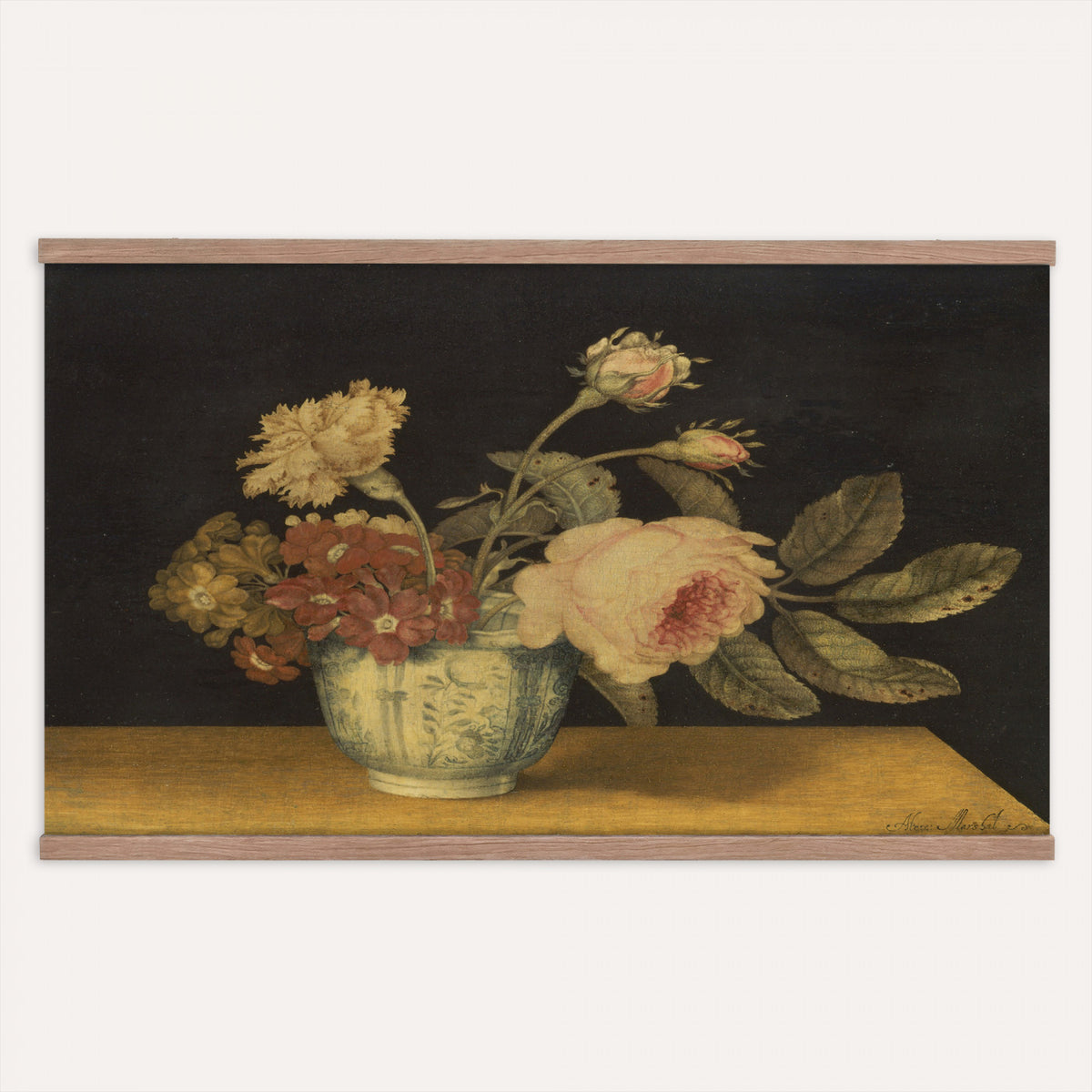 41160341-MGV-TP-30X20 - Impressionism oil painting tapestry wall hanging of "Golden Roses" by Olga Boznanska, showing a loose bunch of golden yellow roses in a glass vase, painted with soft dissolving edges against a warm ground in warm golden-yellow rose petals against a soft muted brown background. Extra large wall art, made in the USA.