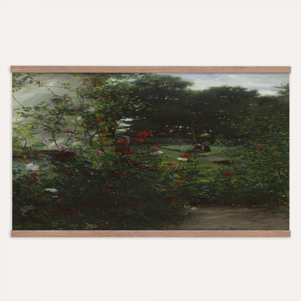 99581515-MGV-TP-30X20 - Barbizon oil painting tapestry wall hanging of "By the Brook" by Xavier De Cock, showing a shaded brook winding through dense woodland, with a small hidden figure resting among the trees in dark layered forest greens with warm brown earth and pale water light. Extra large wall art, made in the USA.