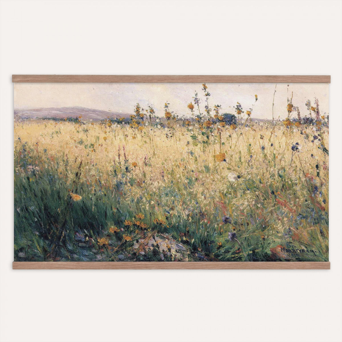 32213014-MGV-TP-30X20 - Tonalism watercolor tapestry wall hanging of "The Babbling Brook" by William Henry Holmes, showing a small brook running through open meadow grass, with soft banks, low shrubs, and a gentle rise beyond in fresh meadow greens with pale blue water and a soft light sky. Extra large wall art, made in the USA.