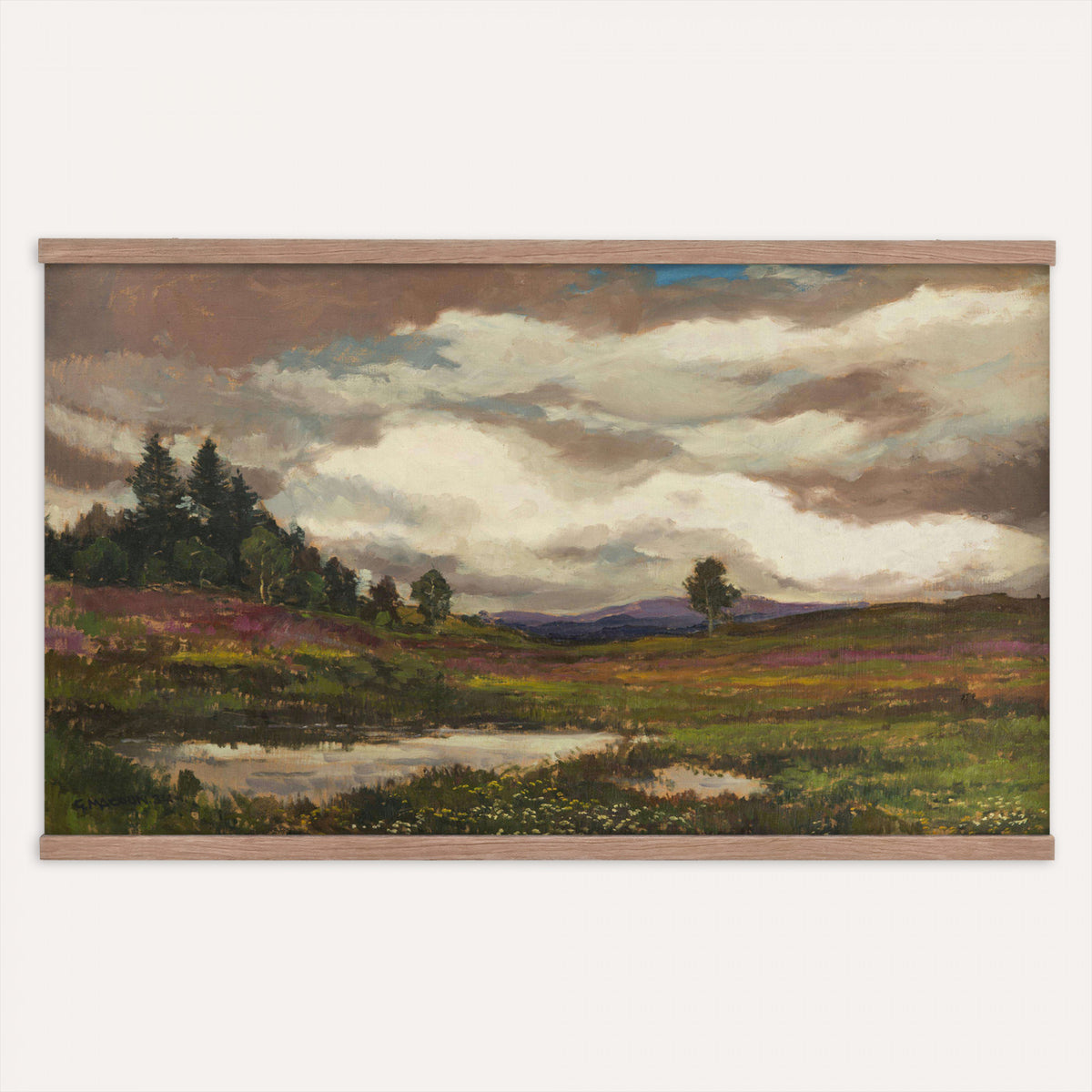 51034939-MGV-TP-30X20 - Impressionism oil painting tapestry wall hanging of "Flowering Meadow" by Olga Wisinger-Florian, showing a bright meadow of white wildflowers and green bushes rising toward a shaded purple hillside in white wildflowers and green bushes under a purple forest hillside. Extra large wall art, made in the USA.