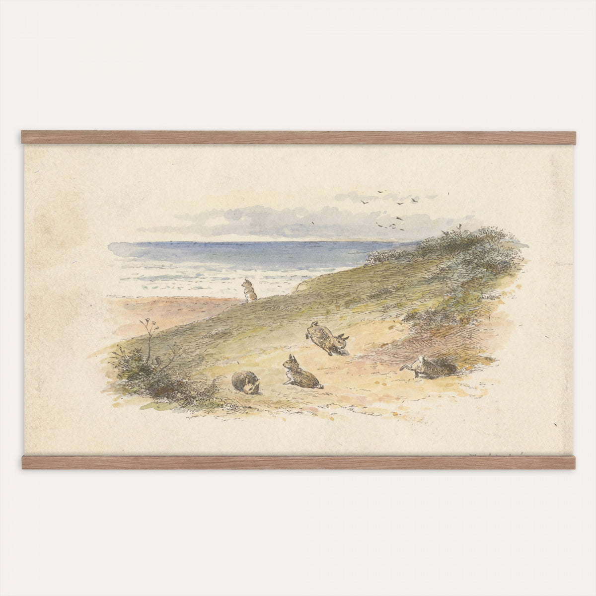 66469086-MGV-TP-30X20 - Post Impressionism oil painting tapestry wall hanging of "Spring" by Ernest de Chamaillard, showing a stone Breton cottage behind a blossoming tree in full pink bloom, with a bright spring garden around it in soft pink blossoms against grey stone walls and new spring green. Extra large wall art, made in the USA.