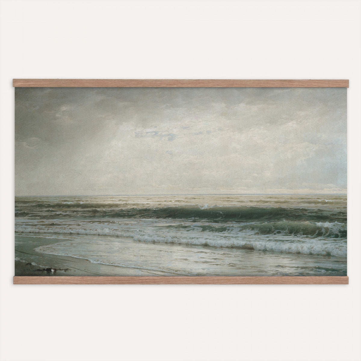 95916944-MGV-TP-30X20 - Barbizon oil painting tapestry wall hanging of "The River" by Edward Gay, showing a wide slow river cutting through deep summer meadow grass, with low trees and a soft open sky beyond in rich moss and olive green meadow tones with a pale silver river. Extra large wall art, made in the USA.