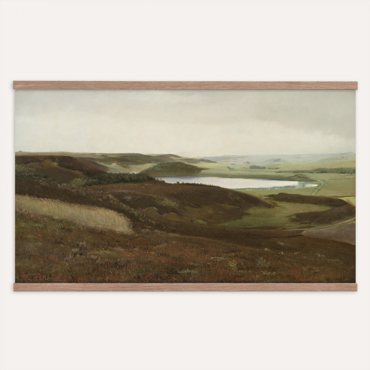 13706816-MGV-TP-30X20 - Expressionism oil painting tapestry wall hanging of "Dunes" by James Ensor, showing a steep dune ridge cutting across the canvas, with wind-bent grasses and a heavy sky pressing down behind it in muted sand and olive dune tones under a dark weighted sky. Extra large wall art, made in the USA.