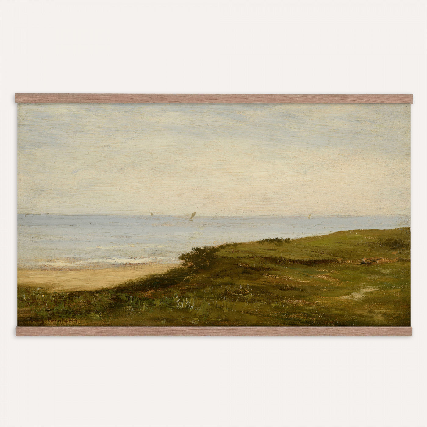 33440930-MGV-TP-30X20 - Impressionism oil painting tapestry wall hanging of "Beach Dunes" by Max Clarenbach, showing low rolling sand dunes topped with pale beach grass, opening toward a quiet sea under a wide soft sky in pale sand tones and dune grass under a wide soft blue-grey sky. Extra large wall art, made in the USA.