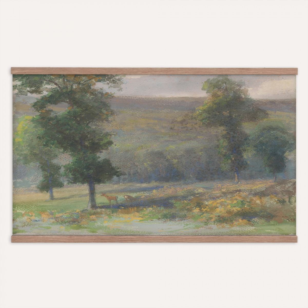18426804-MGV-TP-30X20 - Barbizon watercolor tapestry wall hanging of "View of a Stream" by Henri-Joseph Harpignies, showing a narrow stream curving through soft banks, with a worn footpath and full leafy trees closing in overhead in soft green foliage and cool blue water under a pale washed sky. Extra large wall art, made in the USA.
