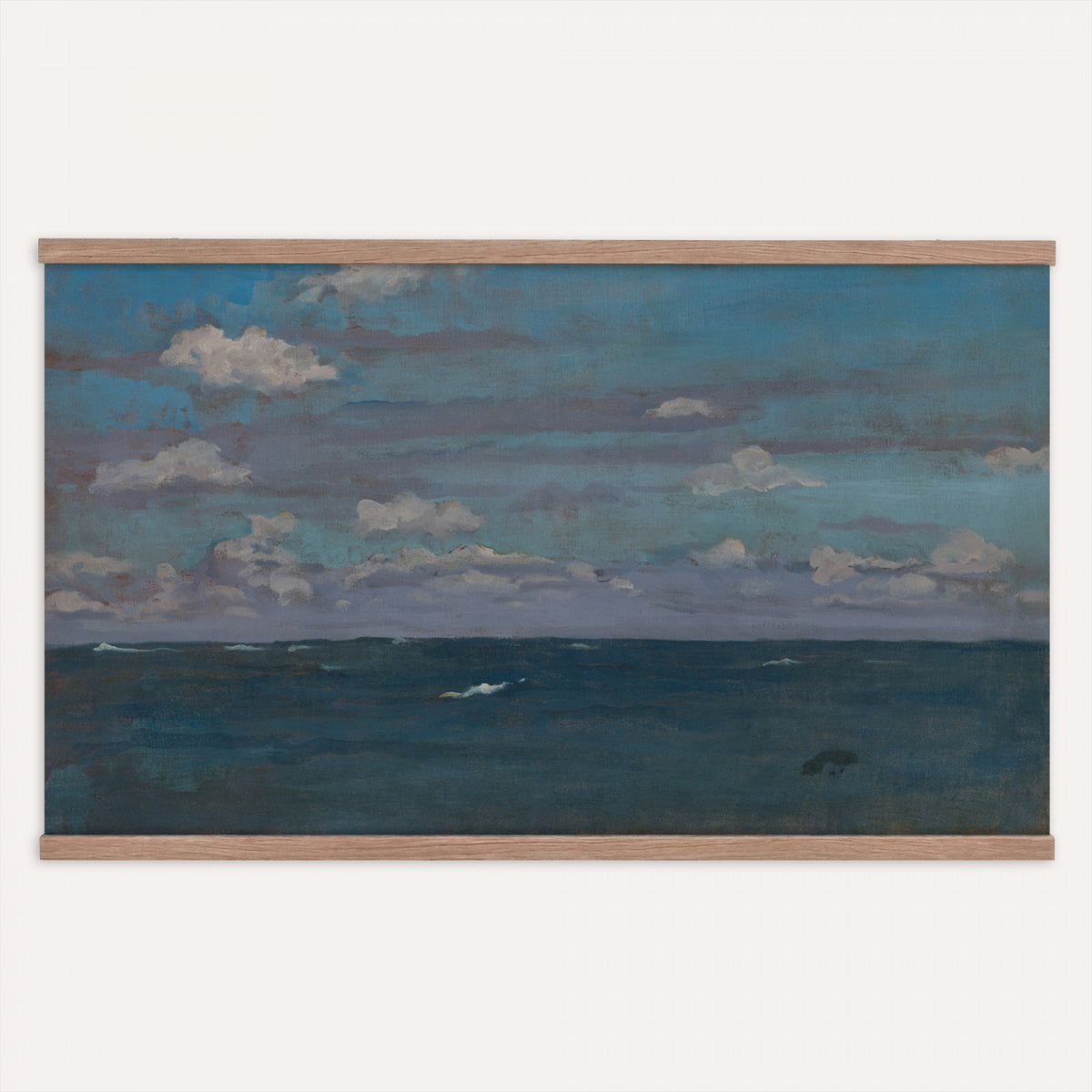 31189911-MGV-TP-30X20 - Art Nouveau pastel study tapestry wall hanging of "The Immensity" by Antoni Fabres, showing a wide empty shoreline meeting a soft pastel sky, with slow drifting clouds and a barely visible horizon line in pale pink, cream, and soft blue cloud tones over a quiet shore. Extra large wall art, made in the USA.