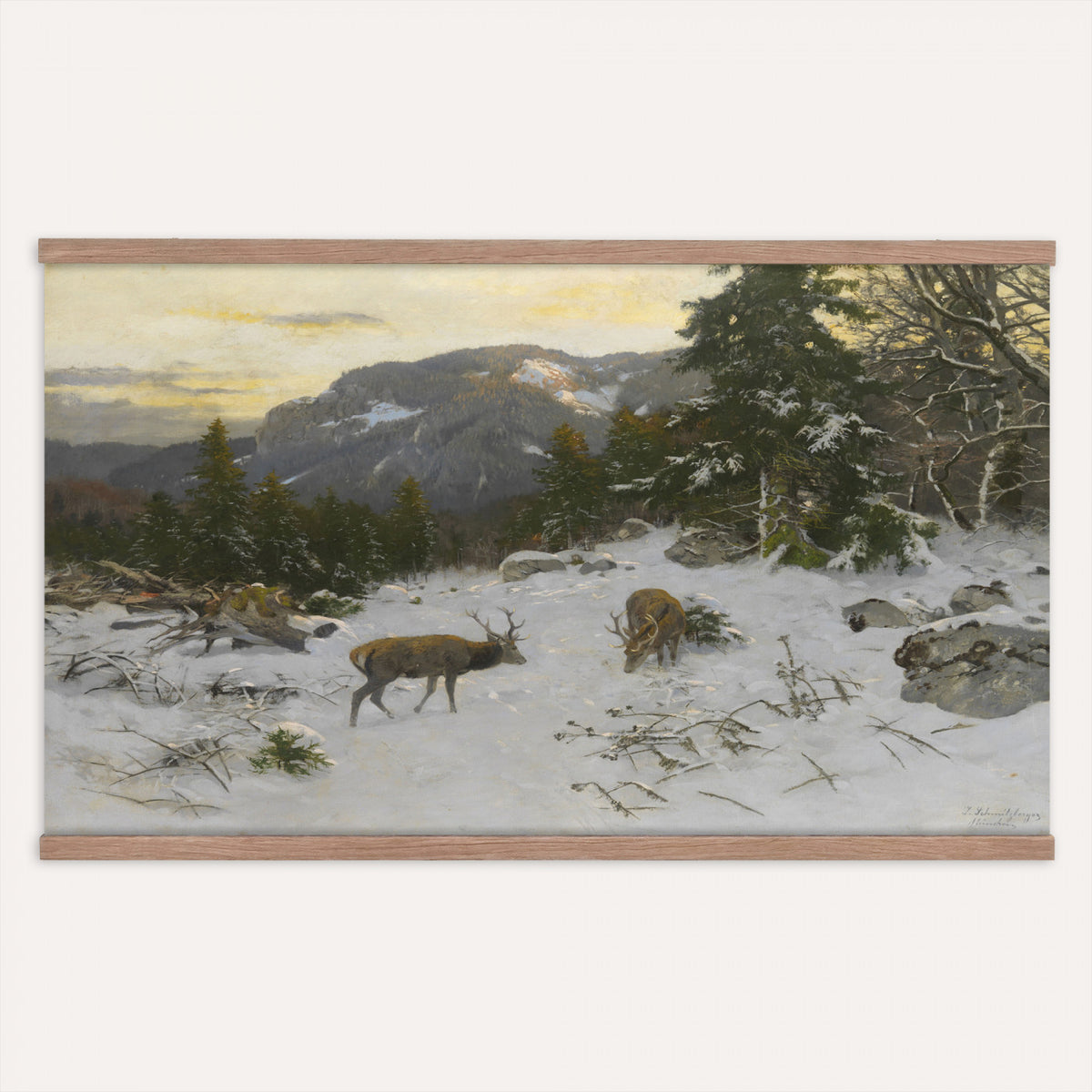 88363585-MGV-TP-30X20 - Realism oil painting tapestry wall hanging of "Rotwild" by Franz Xaver von Pausinger, showing a herd of red deer resting in a quiet clearing, tall grasses, and dark forest edges fading into soft light in warm russet deer coats against deep forest green and golden grass. Extra large wall art, made in the USA.