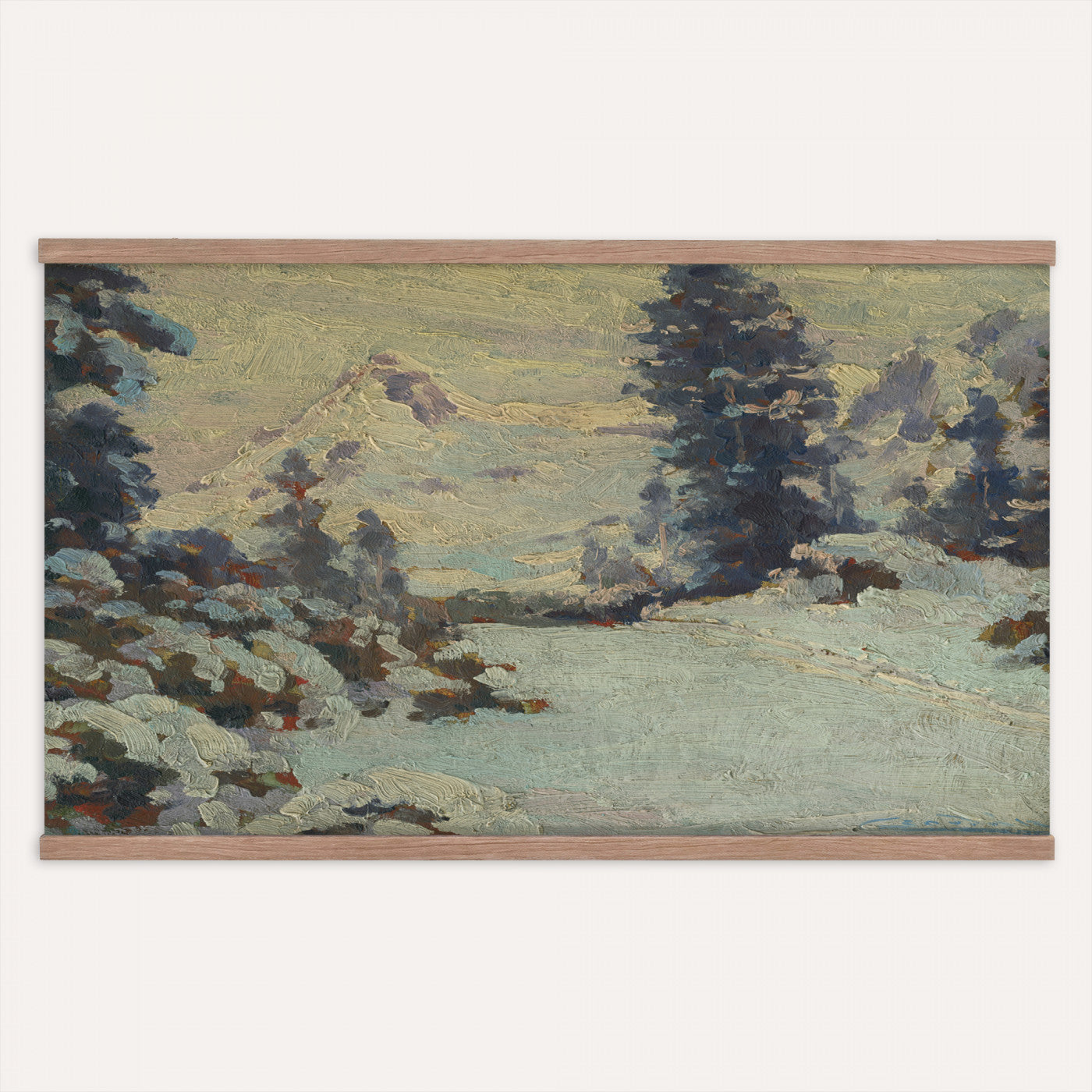 66869729-MGV-TP-30X20 - Realism oil painting tapestry wall hanging of "An Evening in March" by Charlotte Wahlstrom, showing bare late-winter trees along a still river, patches of melting snow, and a low golden evening light on the horizon in cool blue snow shadows against a warm amber sunset sky. Extra large wall art, made in the USA.