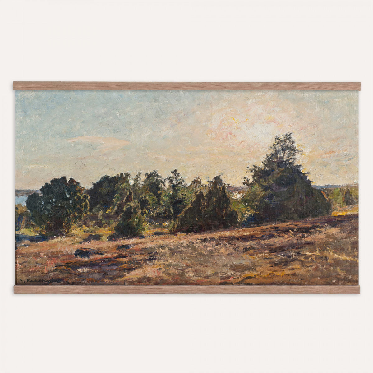 89318871-MGV-TP-30X20 - Impressionism oil painting tapestry wall hanging of "Landscape" by Jane Sutherland, showing a sunlit open field, dry golden grasses, and slender eucalyptus trees leaning under a bright southern sky in warm golden field tones with soft sage-green eucalyptus foliage. Extra large wall art, made in the USA.
